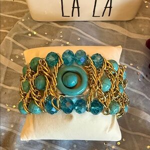 Turquoise Aqua & Gold Beaded Stretch Chainmaille Bracelet